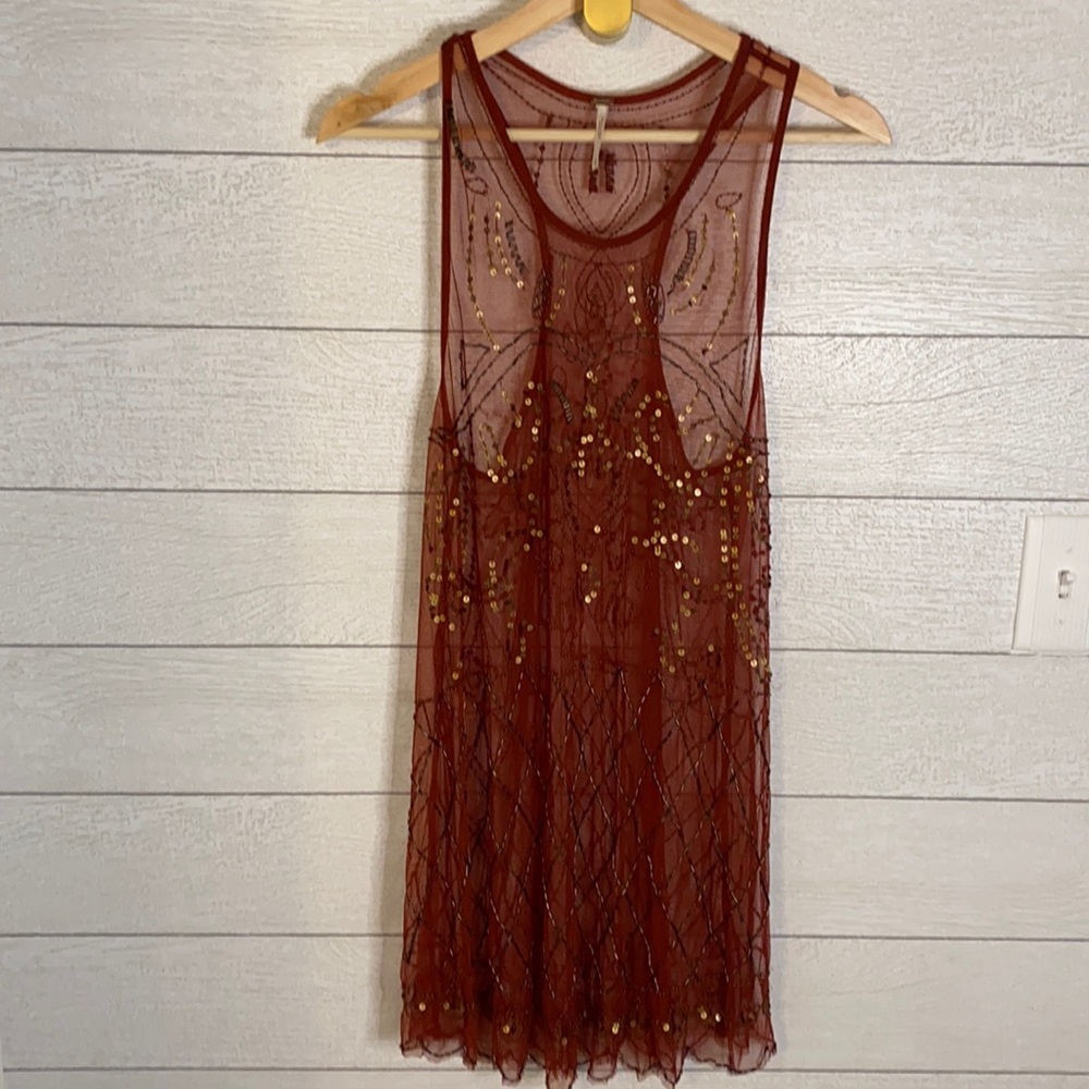 Free People Sheer Embellished Tank Top in Burgundy